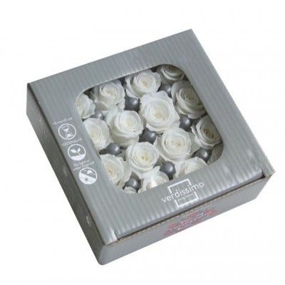 Caja 16 rosas preservadas cabeza d. 2,5cm princesa blanca