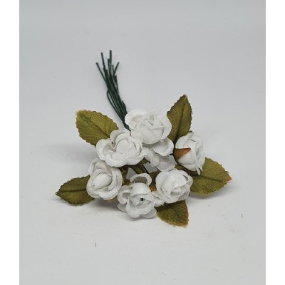 Pomito flor mini tela rosita d.1,5 cm c/ hoja x 6 blanca