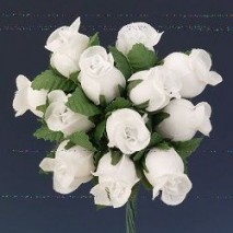 Pomito flor mini tela capullo d.1,5cm x 12 blanco hoja verde
