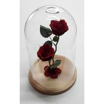 Cúpula o urna cristal c/base madera alt.37,5 cm d.23 cm c/rosa eterna