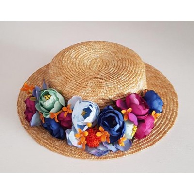 Sombrero canotier paja copa 6 cm ala 6,5-7 cm natural decorado