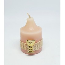 Vela cilindrica cirio  4 x 3,5 cm decorada cinta yute + caliz rosa