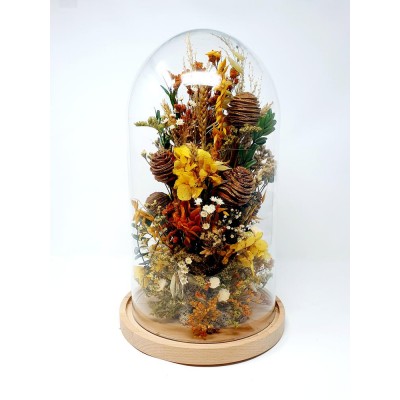 Cúpula o urna cristal con flores preservadas c/base madera alt.37,5 cm d.23 cm