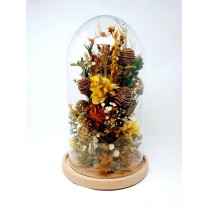 Cúpula o urna cristal con flores preservadas c/base madera alt.37,5cm d.23cm