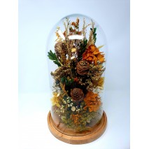 Cúpula o urna cristal con flores preservadas c/base madera alt.37,5 cm d.23 cm
