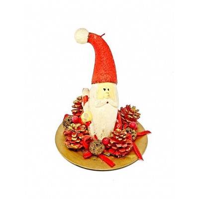 Candelring d.12 cm dorado/rojo c/base plato + vela Santa Claus