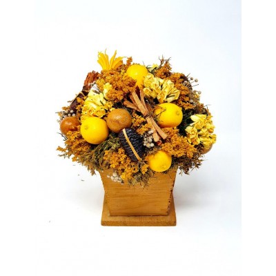 Centro flores secas d 18cm Alt 20cm limones base madera rústica