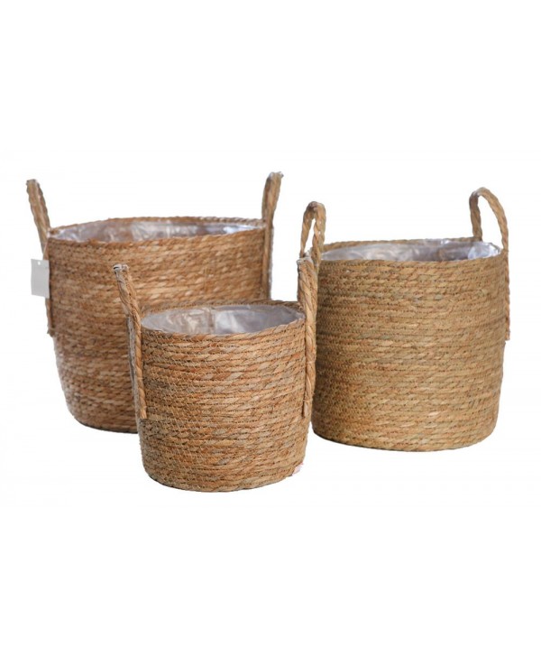 Macetero decorativo en madera y mimbre en forma de cesta con dos