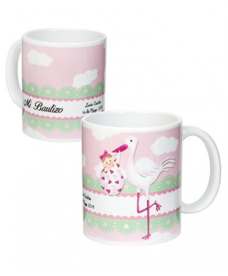 Taza bautizo personalizada cigüeña 9 x 8cm rosa