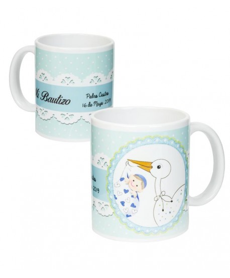 Taza bautizo personalizada cigüeña 9 x 8cm azul