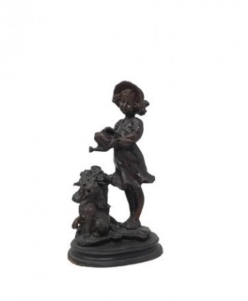 Figura bronce viejo niña con perro 23cm