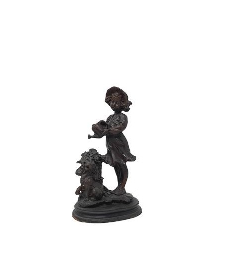 Figura bronce viejo niña con perro 23cm