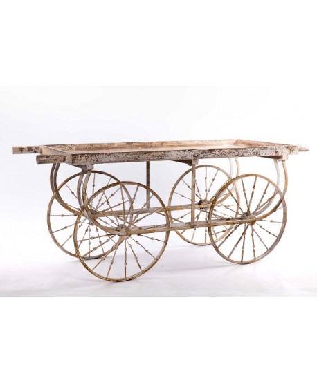 Alquiler carro madera 4 ruedas hierro 183 x 74 x 79cm marfil decapado envejecida