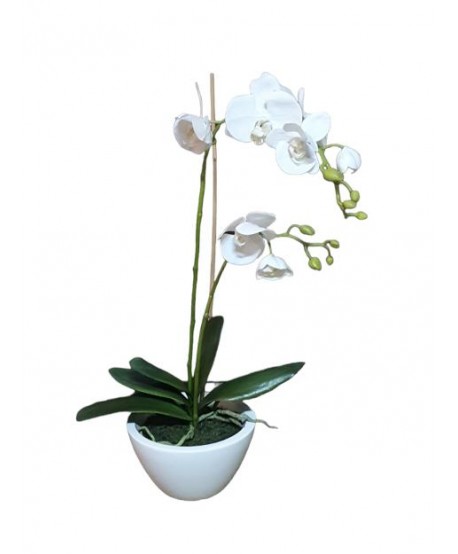Maceta artificial orquídea d.15cm phalaenopsis c/hojas x 2 varas flores 65cm blanca