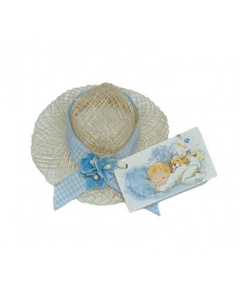 Montaje regalo bautizo sombrero decorado azul 7x7cm x 2cm c/tarjeta