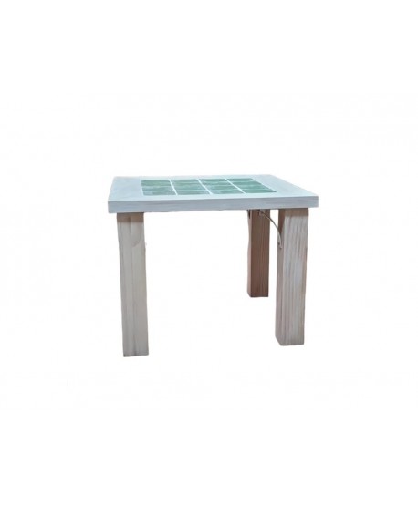 Mesa centro 60x60x45cm madera decapada blanca azulejo verde