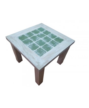 Mesa centro 60x60cm madera decapada blanca azulejo verde
