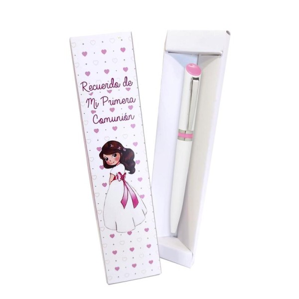 Bolígrafo personalizable franja rosa + caja niña