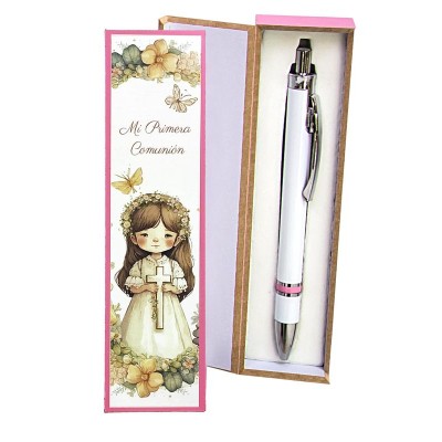Bolígrafo personalizable blanco con franja rosa   caja   pegatina