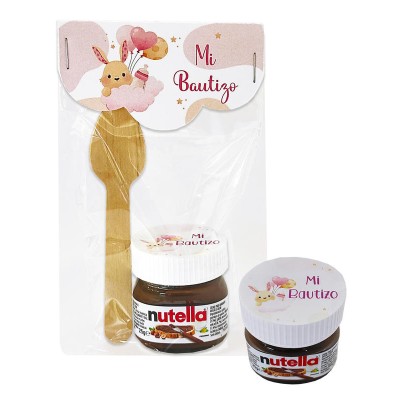 Nutella 25grs  c/cuchara palo con pegatina bautizo conejo rosa