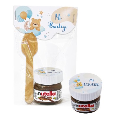 Nutella 25grs  c/cuchara palo con pegatina bautizo conejo azul