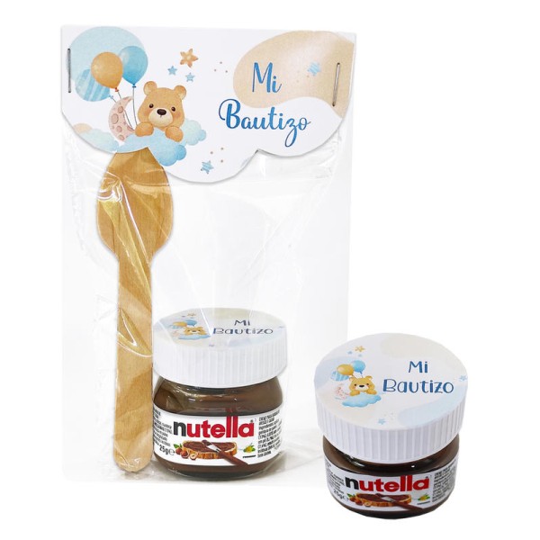 Nutella 25grs. c/cuchara palo con pegatina bautizo conejo azul