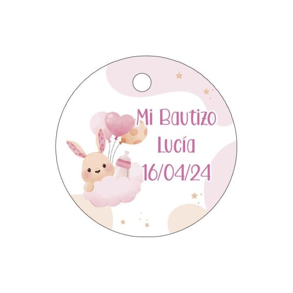 Pliego 20 tarjetas personalizable conejo rosa d.4,2cm