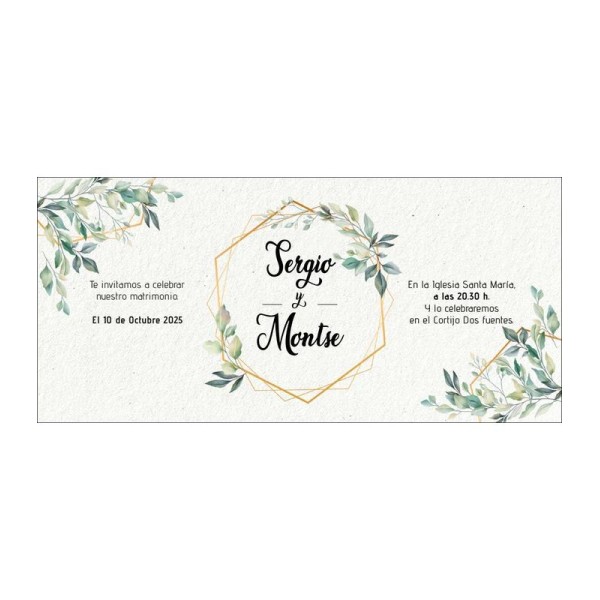 Invitación boda personalizada c/sobre beige papel estucado mate 250gr 9,5 x 22cm