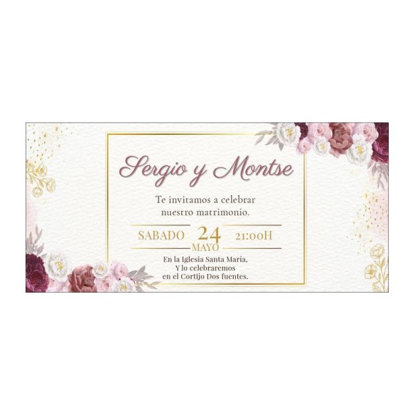 Invitación boda personalizada c/sobre beige papel estucado mate 250gr 9,5 x 22cm