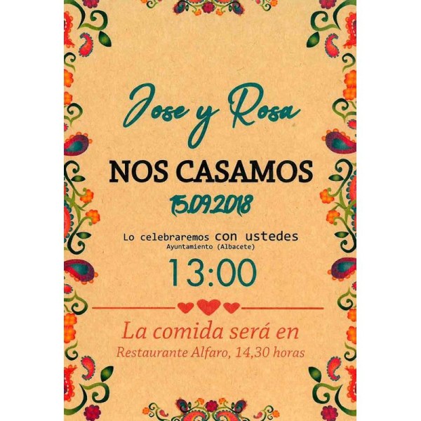 Invitación boda personalizada c/sobre beige papel estucado mate 250gr 18 x 12,5cm