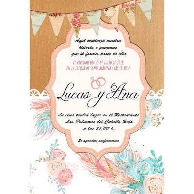 Invitación boda personalizada c/sobre beige papel estucado mate 250gr 18 x 12 5cm