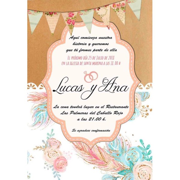 Invitación boda personalizada c/sobre beige papel estucado mate 250gr 18 x 12,5cm