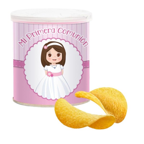 Lata patatas Pringles c/pegatina Mi primera Comunión niña rosa