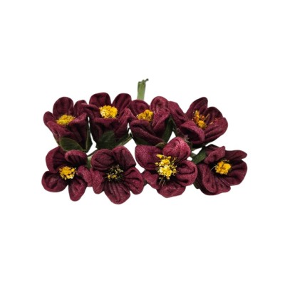 Pomito flor mini tela flor c/pistilos d 2 5cm  x 8 burdeos