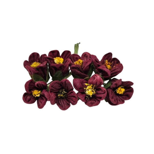 Pomito flor mini tela flor c/pistilos d.2,5cm  x 8 burdeos