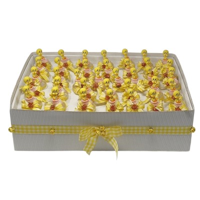 Expositor 36 montajes regalos bautizo piolín en botita rosa 5 x 3,5cm
