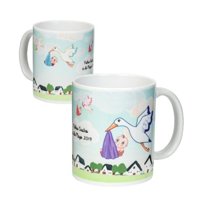 Taza bautizo personalizada cigüeña 9 x 8cm azul