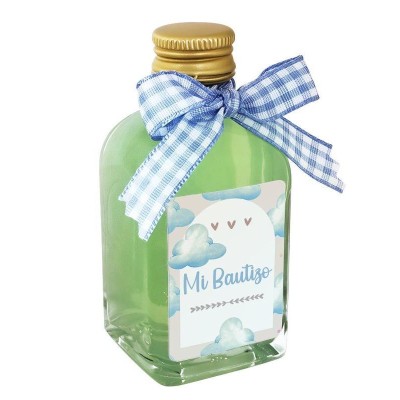 Licor 50ml Frasca 15  Alt 8cm mojito c/pegatina Mi bautizo y lazo vichy azul