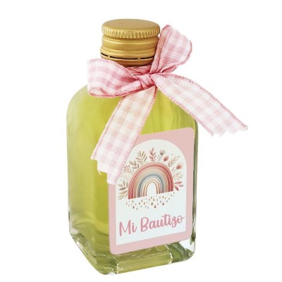 Licor 50ml Frasca 15  Alt 8cm limoncello c/pegatina Mi bautizo y lazo vichy rosa