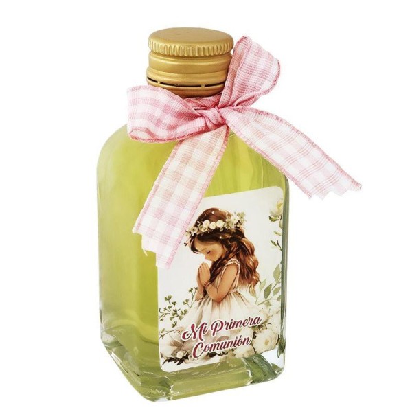 Licor 50ml Frasca 15% Alt.8cm limoncello c/pegatina Mi primera comunión y lazo vichy rosa