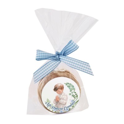 Yoyo con bolsa celofán y pegatina niño comunión azul