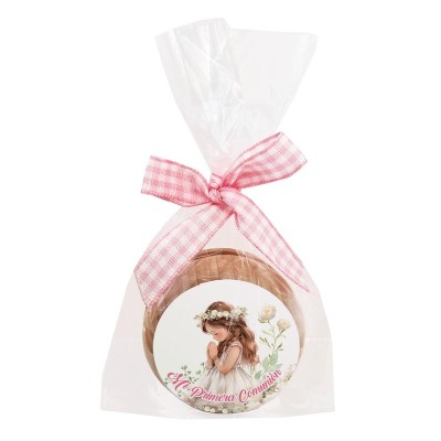 Yoyo con bolsa celofán y pegatina niña comunión rosa