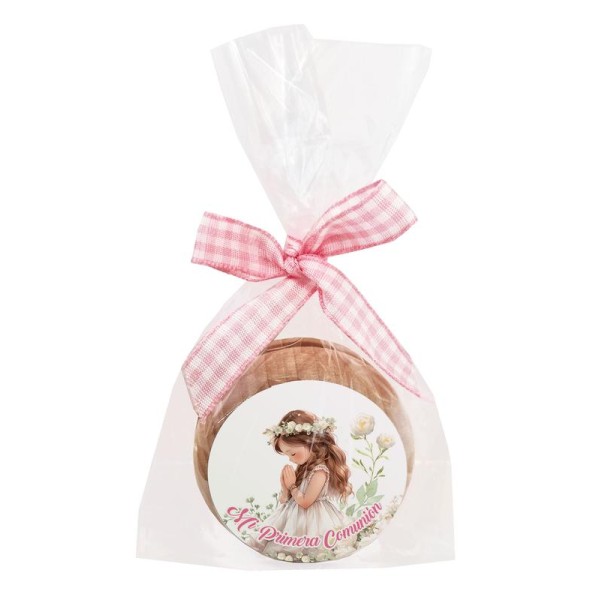 Yoyo con bolsa celofán y pegatina niña comunión rosa