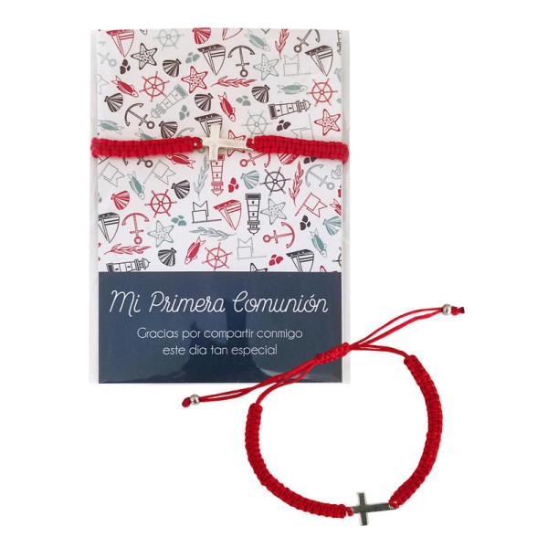 Pulsera cruz cordón rojo c/cartulina Mi primera comunión niño Gracias Por compartir conmigo este día tan especial