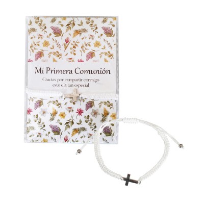Pulsera cruz cordón blanco c/cartulina Mi primera comunión niña Gracias Por compartir conmigo este día tan especial