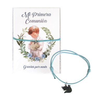 Pulsera cruz cordón azul cielo c/cartulina Mi primera comunión niño Gracias Por venir