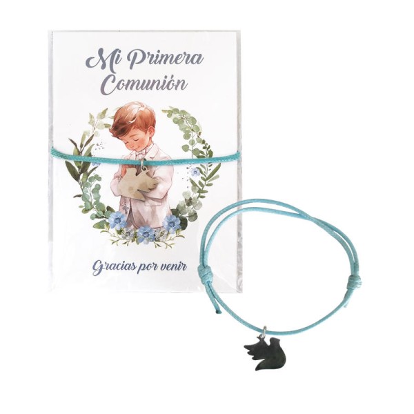 Pulsera paloma cordón azul cielo c/cartulina Mi primera comunión niño Gracias Por venir