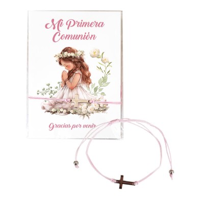 Pulsera cruz cordón rosa c/cartulina Mi primera comunión niña Gracias Por venir
