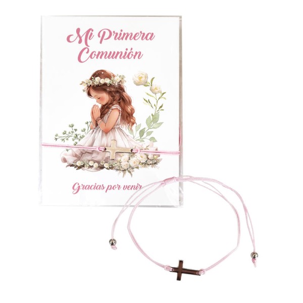 Pulsera cruz cordón rosa c/cartulina Mi primera comunión niña Gracias Por venir