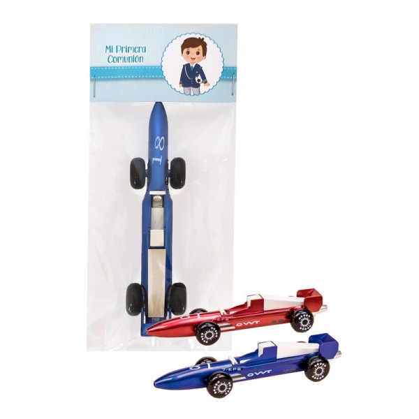 Bolígrafo personalizable coche carreras 13,5cm surtidos colores c/cartulina niño Mi Primera Comunión azul cielo